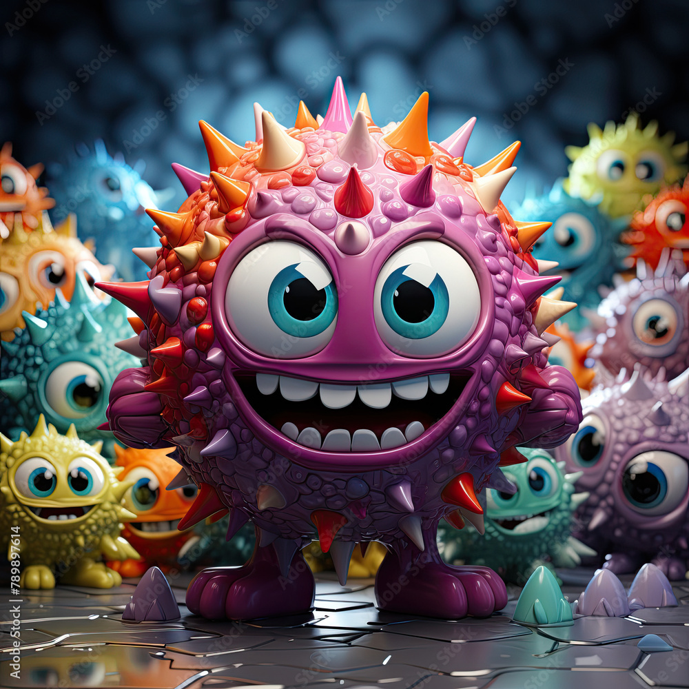 A virus shaped like a mischievous cartoon character, its spiky exterior a rainbow of colors, sneaking around cells in a game of hide and seek that teaches the immune system