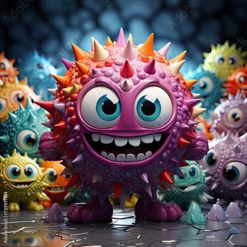 A virus shaped like a mischievous cartoon character, its spiky exterior a rainbow of colors, sneaking around cells in a game of hide and seek that teaches the immune system