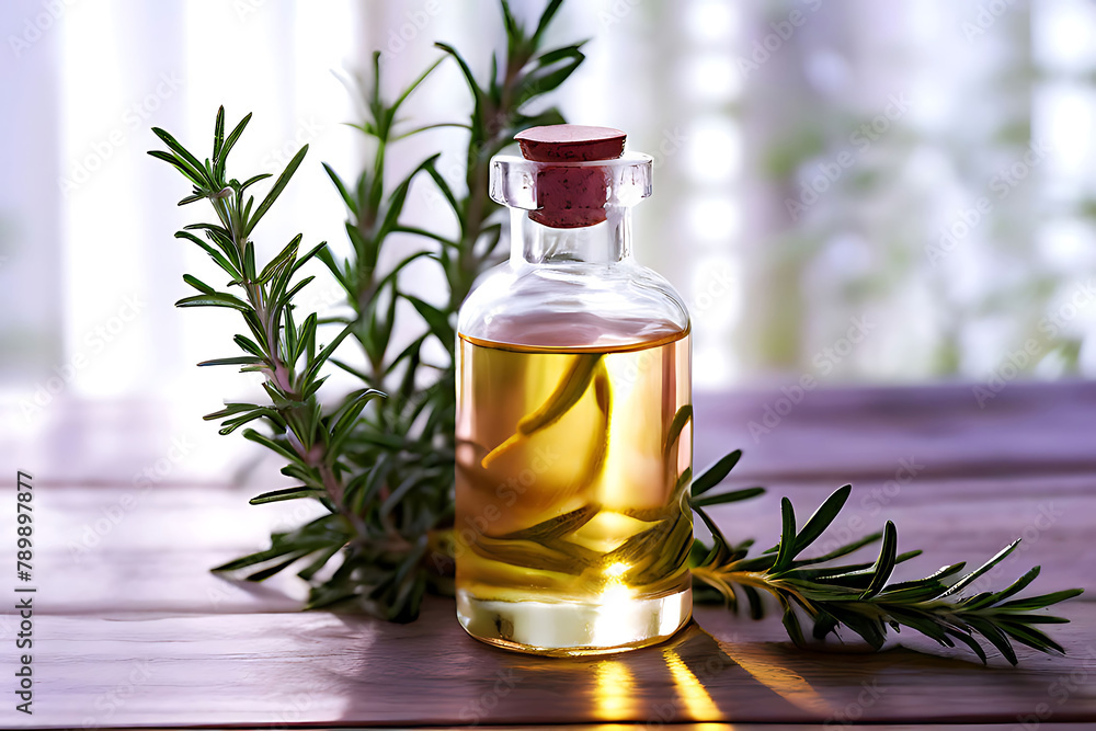 Rosemary essential oil with rosemary herb bunch in glass bottle Rosemary essential oil with rosemary herb bunch in glass bottle