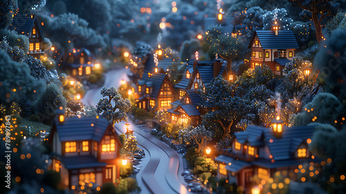 blue night low angle In the center winding road cute Create an image of a charming village scene with a soft isometric perspective. Generative Ai