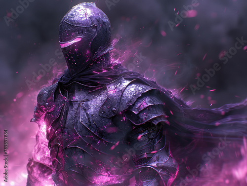 dark fantasy warrior summoning enchanted forest armored glowing purple magic battle mist magical imposing armor fantasy character power mystical creature illustration art darkness energy forest ethere