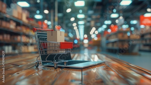 cart near laptop in warehouse,  online buyer concept photo