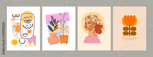 Set of abstract cover background wall art, plants, flowers, floral. person figure, face portrait vector illustration. Aesthetic design for art print, wallpaper, decoration.