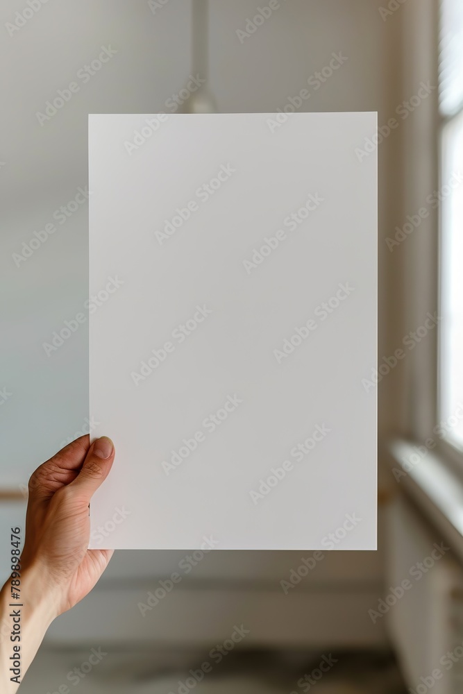 Hand holding a blank white paper sheet in a room. Hand holding a blank white paper sheet in a room.