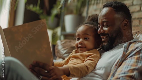 a father held his daughter, sat on the sofa, and read a letter to her with a smile. My father is in his thirties and is a very gentleman. The daughter is 4 years old sitting on her father's lap.