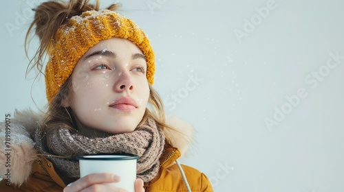 Joyful young asian female enjoying a cup of coffee. 