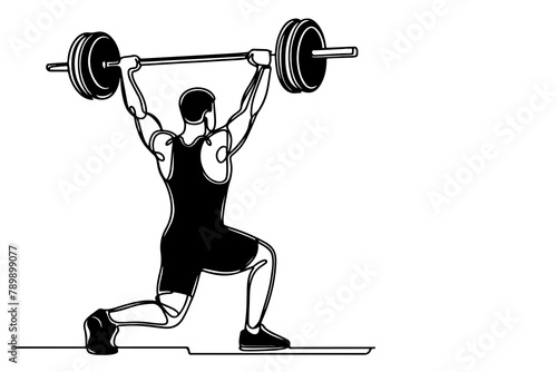 One continuous black line drawing of man lifting barbel with a heavy weight bar weightlifting at gym doodle linear drawing cartoon on white background vector