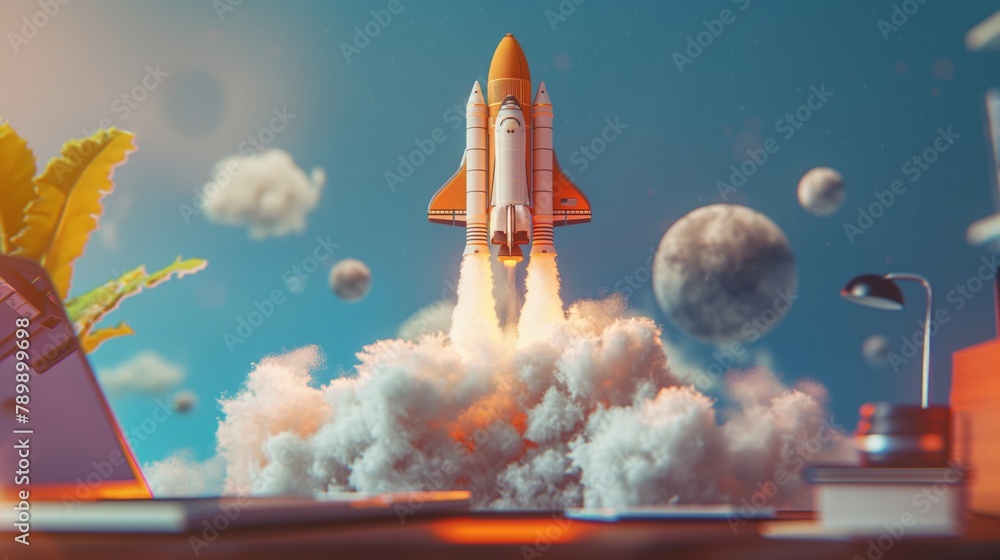 Obraz premium Space shuttle blast off from a desk. 