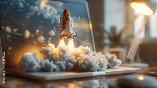 Space rocket shuttle with a cloud of smoke and blast takes off from a laptop on a working office desk. 