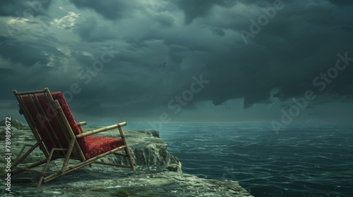 Luxurious bamboo beach chair with red fabric, positioned on a cliff with a dramatic ocean view, stormy sky above, moody and high-definition photography texture.