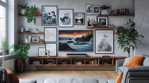 A set of floating shelves displaying framed posters of your favorite movies and TV shows.