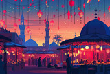 A flat illustration of the lively Eid al-Adha holiday market, where people buy halal meat and festive decorations, using bright colors and dynamic composition