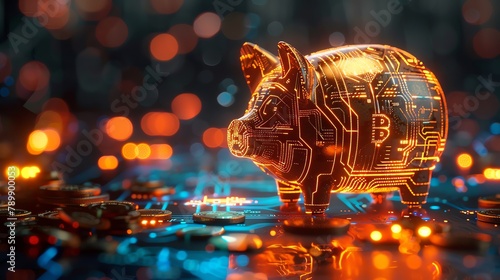 A conceptual image of a piggy bank with circuit patterns glowing, loaded with gold coins, representing futuristic wealth accumulation