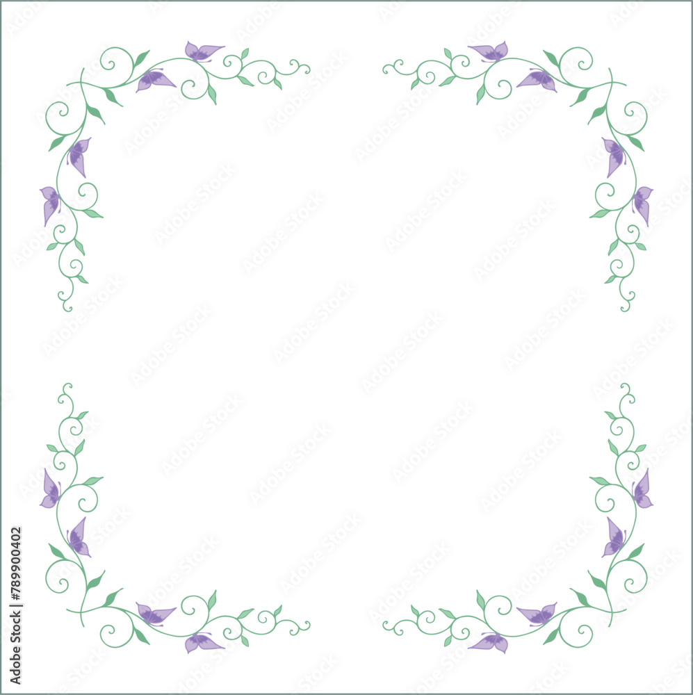 Green vegetal ornamental frame with leaves and purple butterflies, decorative border, corners for greeting cards, banners, business cards, invitations, menus. Isolated vector illustration.	
