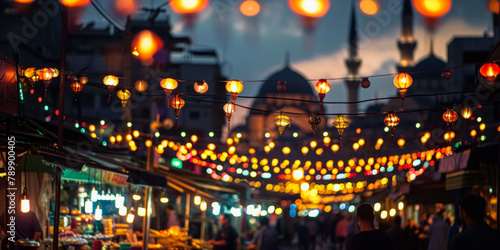 Twilight scene of a bustling marketplace adorned with strings of illuminated lanterns during Eid al-Adha, featuring a mosque silhouette in the background