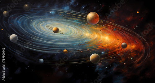 painting of the solar system, with planets