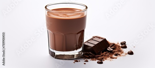 A glass of chocolate paired with a chocolate bar
