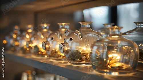 A series of cute glass piggy banks on a shelf, each with a different amount of gold coins, showcasing a concept of financial progression