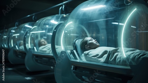 Team of astronauts in hypersleep anabiosis chamber aboard the orbital station. A crew of cosmonauts in hibernation. People in space. Galactic travel and science concept.