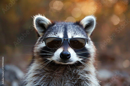 A raccoon with a touch of mystery, its eyes concealed behind dark sunglasses.