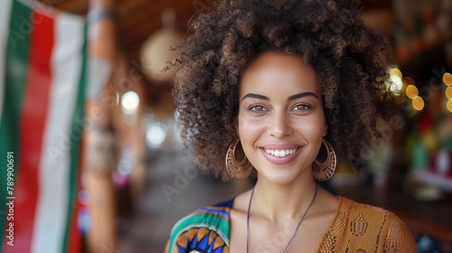 Woman with jheri curl smiling in hoop earrings at event photo