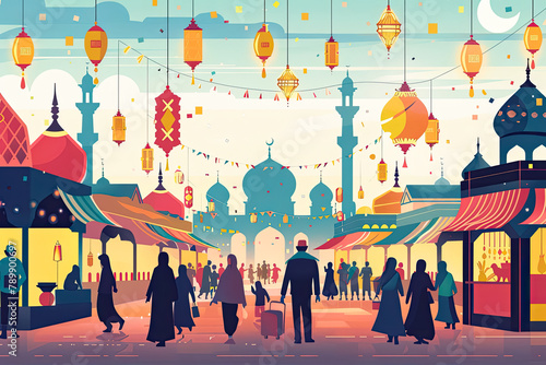 A flat illustration of the lively Eid al-Adha holiday market, where people buy halal meat and festive decorations, using bright colors and dynamic composition photo