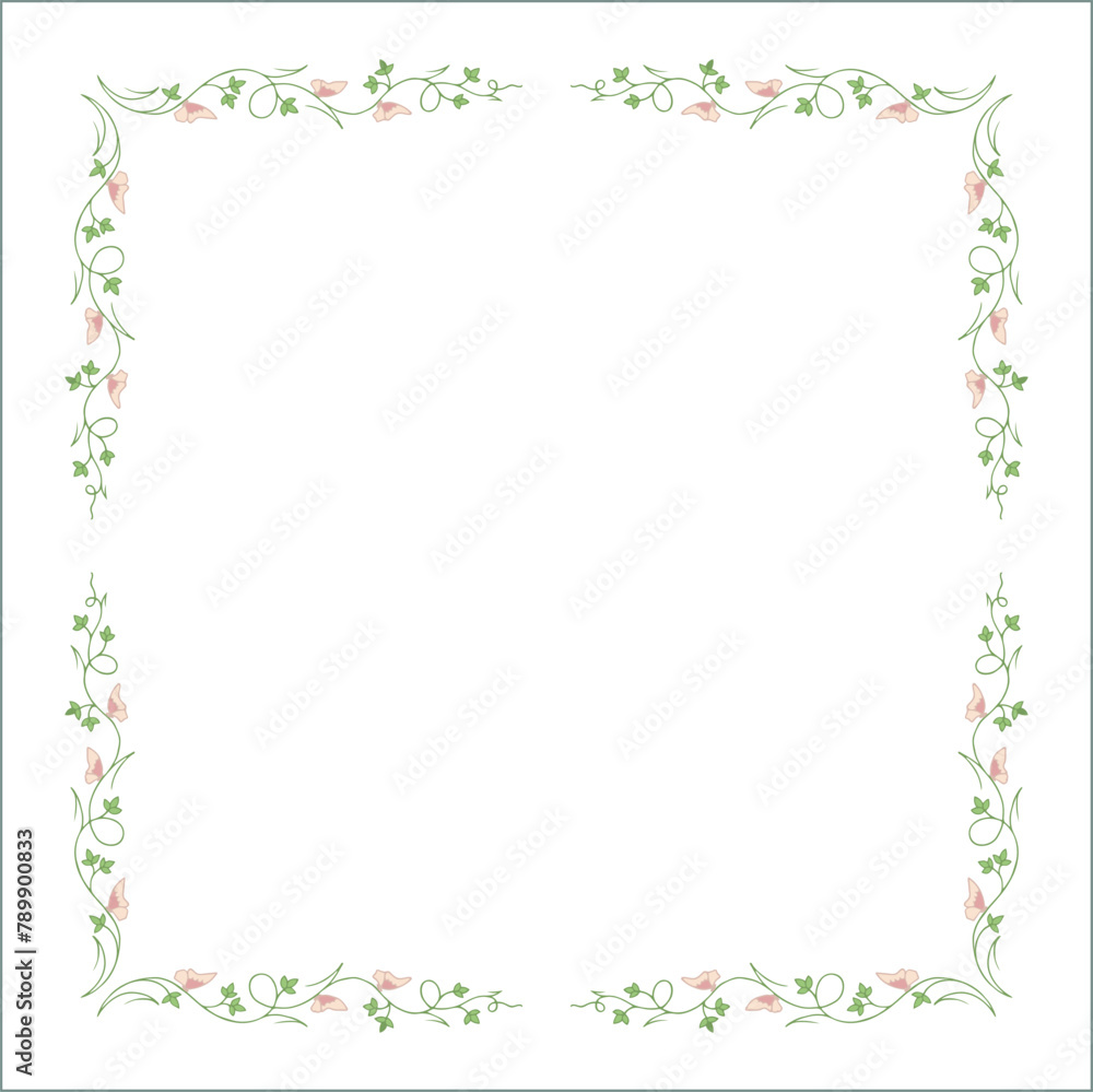 Green vegetal ornamental frame with leaves and butterflies, decorative border, corners for greeting cards, banners, business cards, invitations, menus. Isolated vector illustration.	
