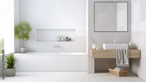 Bright bathroom interior with white tones wall