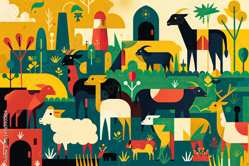 Abstract flat design illustration of Eid al-Adha, featuring stylized animals like rams and cows in geometric forms and a kaleidoscope of vibrant colors to convey the festive spirit