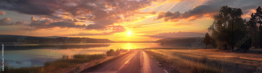 Lake and road at sunset background - Ai Generated
