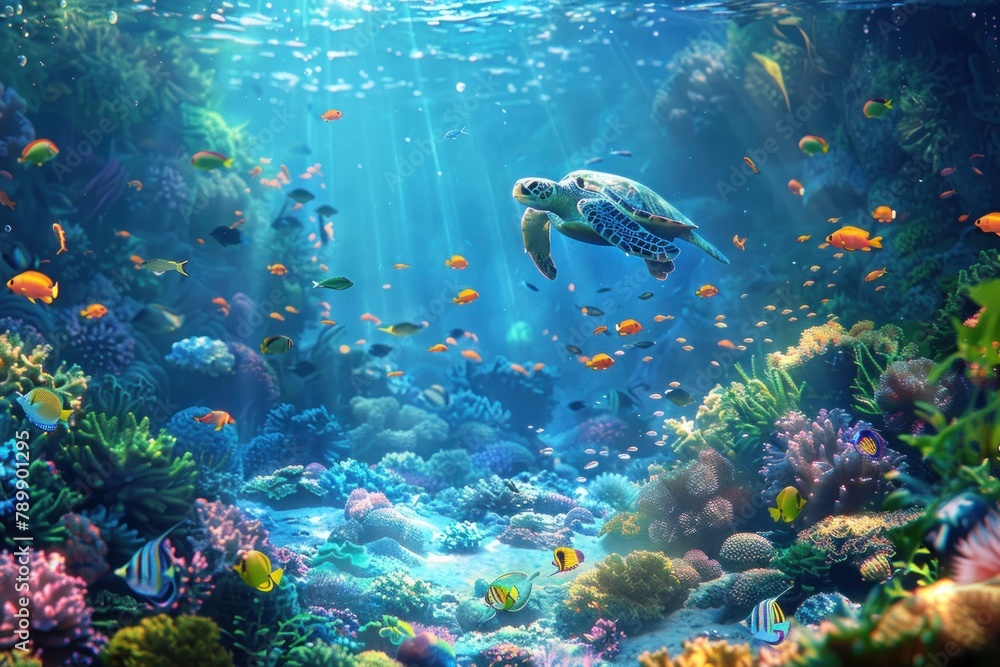 Obraz premium A turtle swims through a colorful coral reef with many fish swimming around it