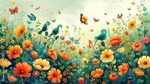 A painting of a field of flowers with birds and butterflies © Thanyaporn