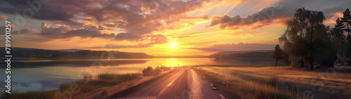 Lake and road at sunset background - Ai Generated