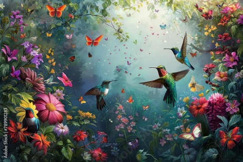 A painting of a forest with many different types of birds and butterflies