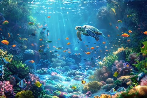 A turtle swims through a colorful coral reef with many fish swimming around it