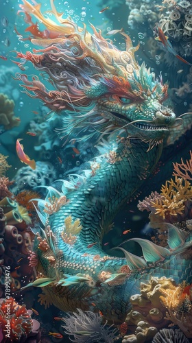 A colorful, large, and long blue dragon is swimming in a coral reef