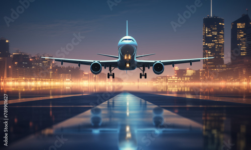 Large commercial airplane landing or take off on runway at night. Journey abroad tourism, oversea travel, flight transit, air travel transport, airline business, or transportation industry concept