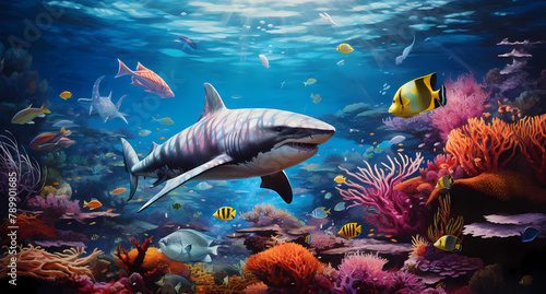 underwater scene with sharks  fish and coral reefs