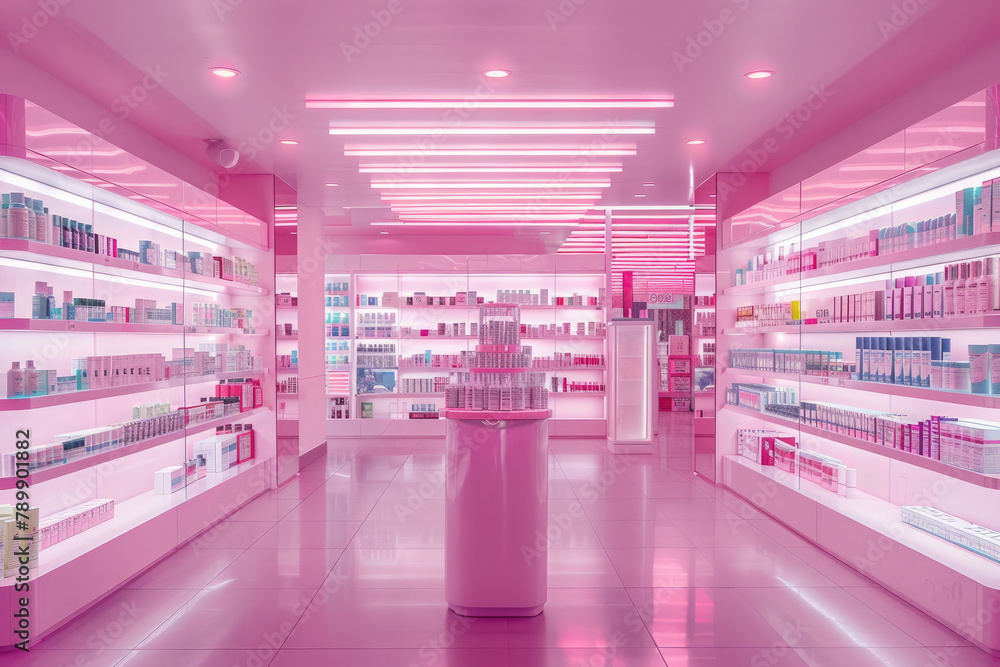 Interior of empty modern pharmacy, Pharmacy shop pink background