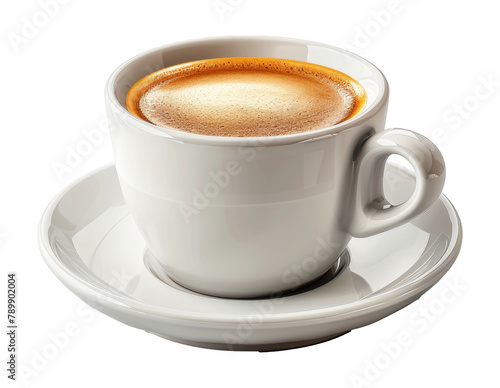 Foamy espresso in a ceramic cup with saucer isolated on transparent background