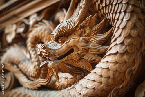 Menacing gaze of a wooden Basilisk captured in photo. Intricate serpentine details showcased AI Image
