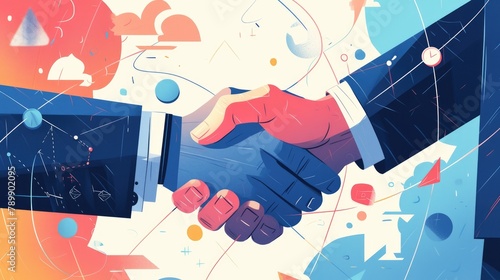 A well known influencer strikes a handshake deal with a businessman to collaborate on endorsing a company product through a 2d illustration