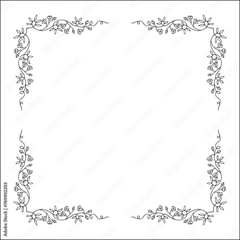 Black and white vegetal ornamental frame with leaves and flowers, decorative border, corners for greeting cards, banners, business cards, invitations, menus. Isolated vector illustration.
Black and white vegetal ornamental frame with leaves and flowers, decorative border, corners for greeting cards, banners, business cards, invitations, menus. Isolated vector illustration.