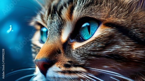Multiple felines facing camera against blue background.