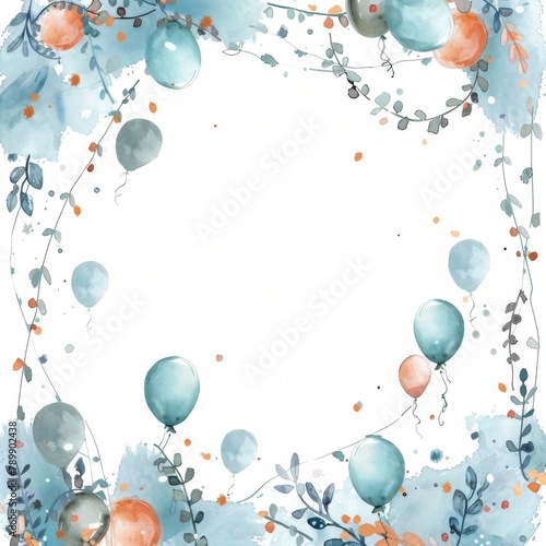 A watercolor painting of a frame of balloons and leaves in blue and orange.