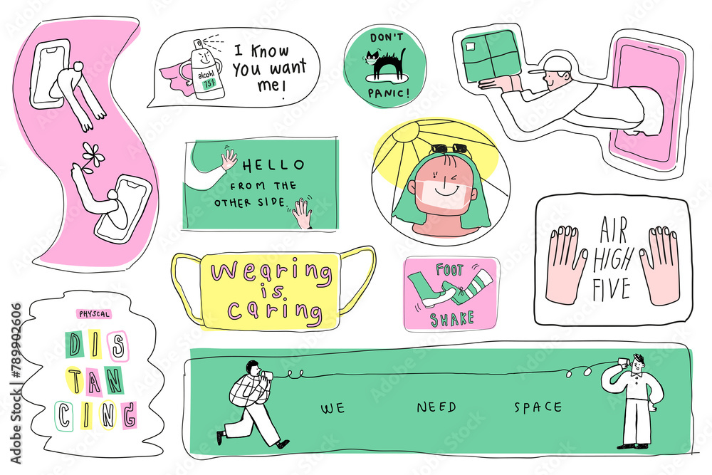 Obraz premium COVID-19 new normal lifestyle png cute doodle sticker collection