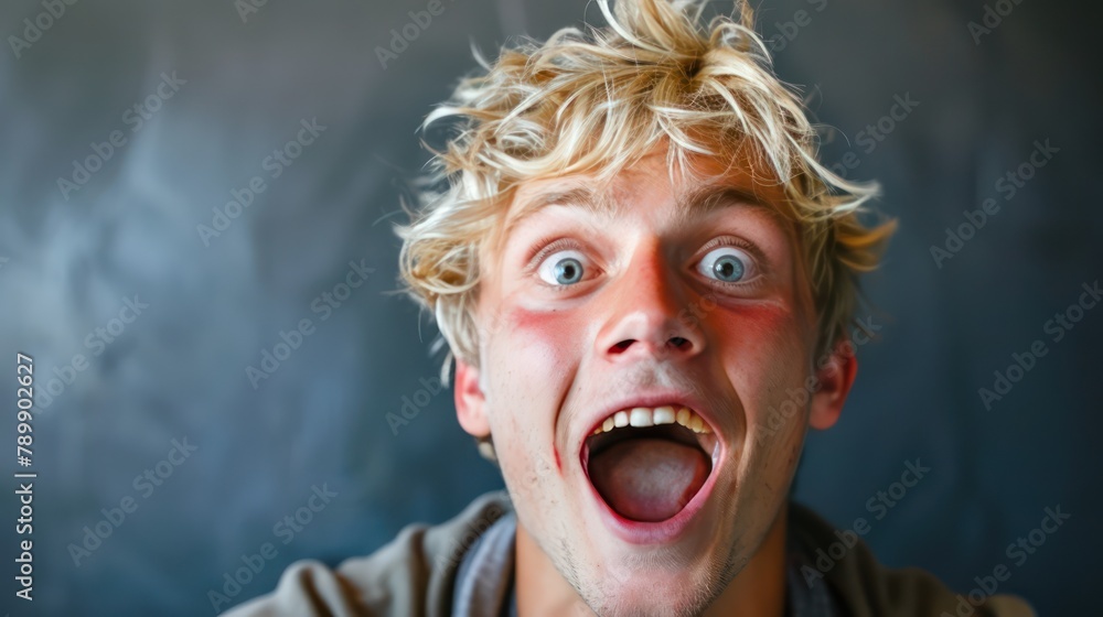 A young blonde celebrates the thrill of success with his crazy and surprised reaction to his small business's e-commerce victory. A young blonde celebrates the thrill of success with his crazy and surprised reaction to his small business's e-commerce victory.