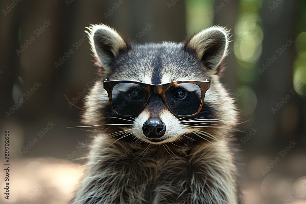 A raccoon with a touch of mystery, its eyes concealed behind dark sunglasses.