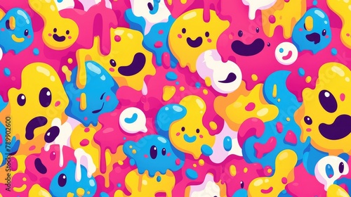 Experience the whimsical delight of a vibrant psychedelic pattern featuring a melting smiling and colorful cartoon face This retro inspired design exudes a playful charm with its dr © AkuAku