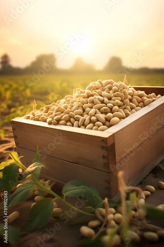 Soya beans harvested in a wooden box in a plantation with sunset. Natural organic fruit abundance. Agriculture, healthy and natural food concept. Vertical composition.